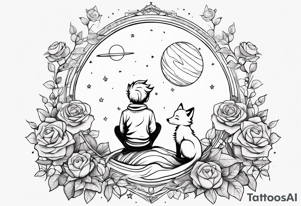 The Little prince sitting on his planet toghether with the fox on his planet besides his rose. Both are watching into the sky tattoo idea