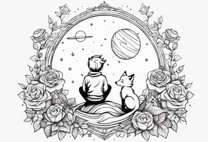 The Little prince sitting on his planet toghether with the fox on his planet besides his rose. Both are watching into the sky tattoo idea
