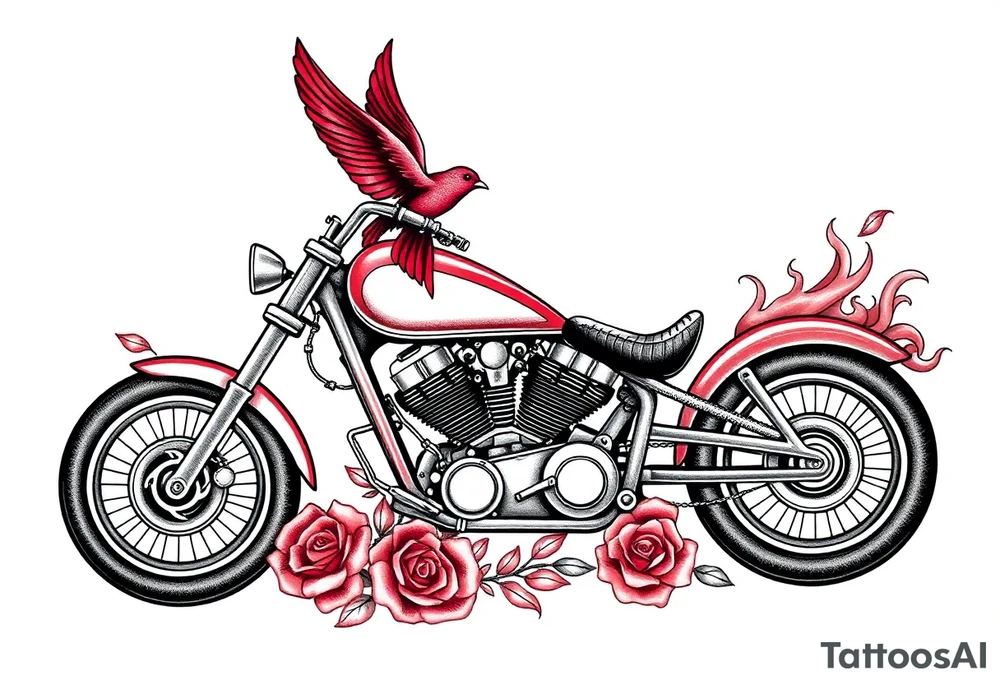 Motorcycle, red bird flying, roses and lace, flames tattoo idea