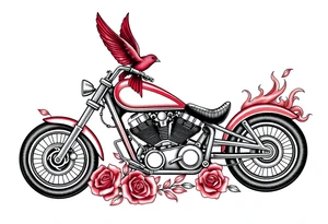 Motorcycle, red bird flying, roses and lace, flames tattoo idea