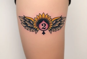 sunflower, wings, or halo with a 2 of clubs tattoo idea