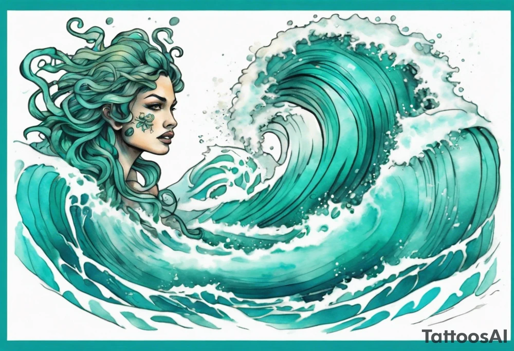 a beautiful turquoise gorgon emerging from an ocean wave, crashing onto the shore tattoo idea
