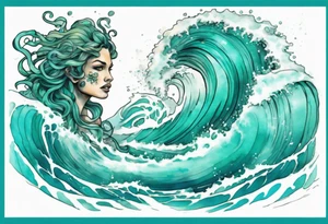 a beautiful turquoise gorgon emerging from an ocean wave, crashing onto the shore tattoo idea