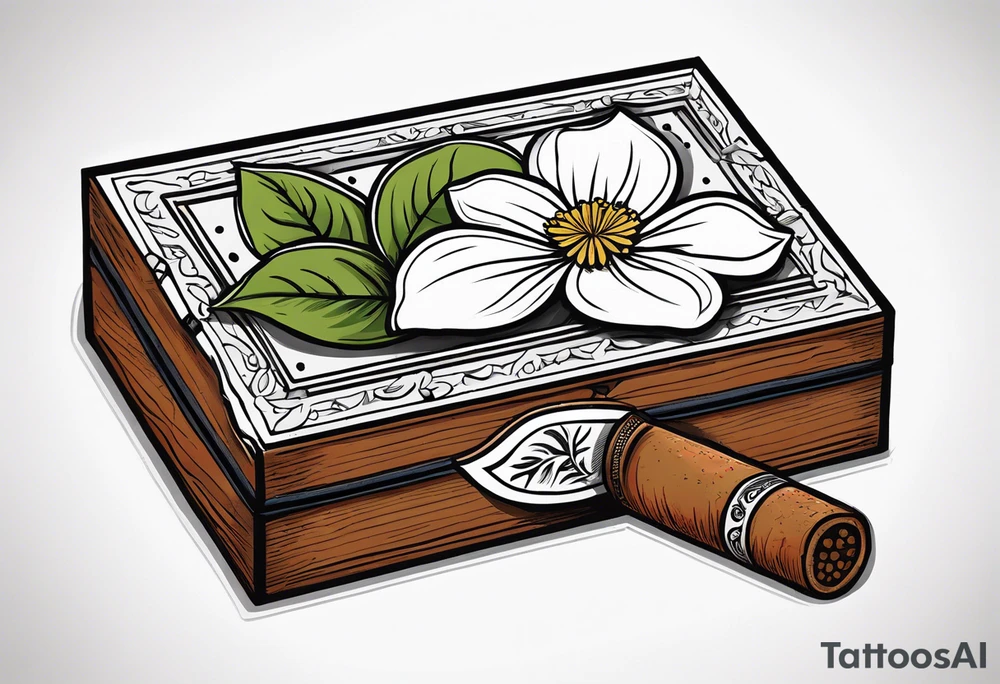 A simple vintage cigar box with a dogwood flower next to it as well as a lit cigar tattoo idea