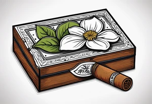 A simple vintage cigar box with a dogwood flower next to it as well as a lit cigar tattoo idea