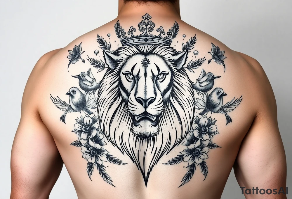 powerful majestic lion with a crown, surrounded by floral ornaments and birds tattoo idea