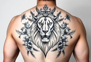 powerful majestic lion with a crown, surrounded by floral ornaments and birds tattoo idea