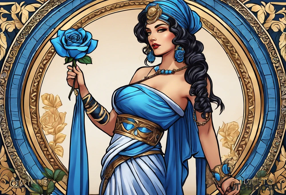 ancient rome clothes ,women,,ancient scale in one hand, blue rose frames, justicia keeps  scale tattoo idea