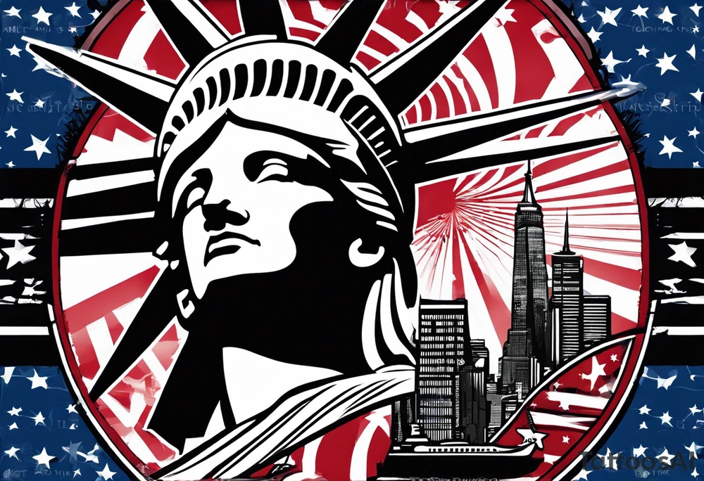 New york city skyline with Statute of liberty head in the background. White outline around head. Below the skyline in grafitti style text "NO QUIT" in the negative white space with shading around it. Put ice skating marks through the text and throughout the image tattoo idea