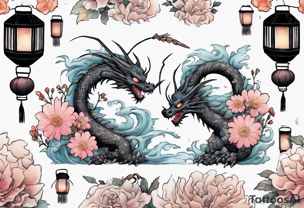 spirited away, chihiro, soot sprites, haku dragon, pastel, flowers, chinese lanterns, manga tattoo idea