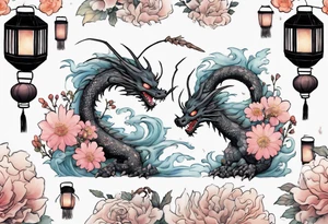 spirited away, chihiro, soot sprites, haku dragon, pastel, flowers, chinese lanterns, manga tattoo idea