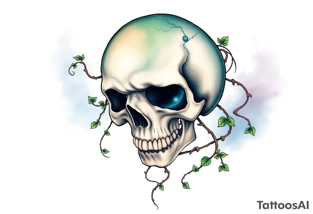 gothic skull as a planet and intertwined with climbing  vines and galaxy in background of skull tattoo idea