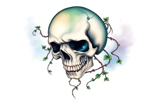 gothic skull as a planet and intertwined with climbing  vines and galaxy in background of skull tattoo idea