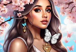 Ariana Grande surrounded in a golden aura with cherry blossoms and white butterflies with a key that unlocks a heart tattoo idea