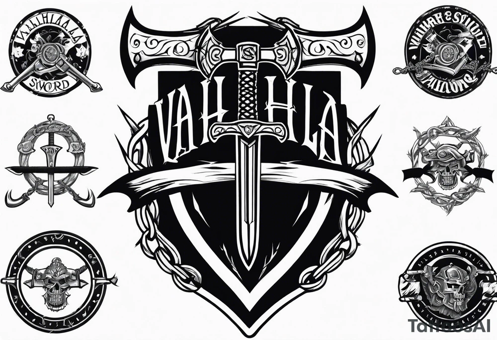 Valhalla sword shield axe barbed wire chains dark cloud tattoo idea