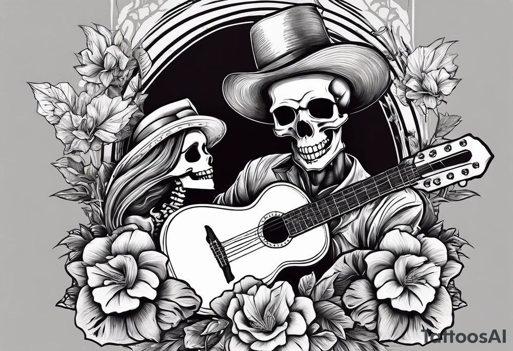 a female skeleton holding a hibiscus flower and a male skeleton playing a guitar. tattoo idea