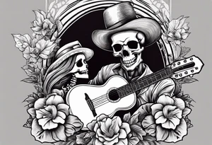 a female skeleton holding a hibiscus flower and a male skeleton playing a guitar. tattoo idea