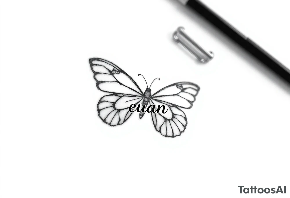 A butterfly with the name “euan” incorporated into it tattoo idea