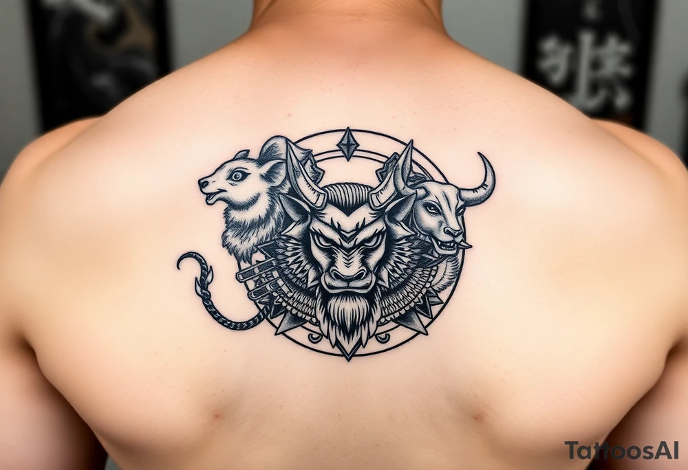 Japanese style tattoo consisting zodiac animals: rat, dog, goat, and ox all dressed up Samurai warrior style in a circular formation tattoo idea