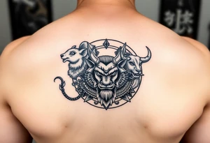 Japanese style tattoo consisting zodiac animals: rat, dog, goat, and ox all dressed up Samurai warrior style in a circular formation tattoo idea