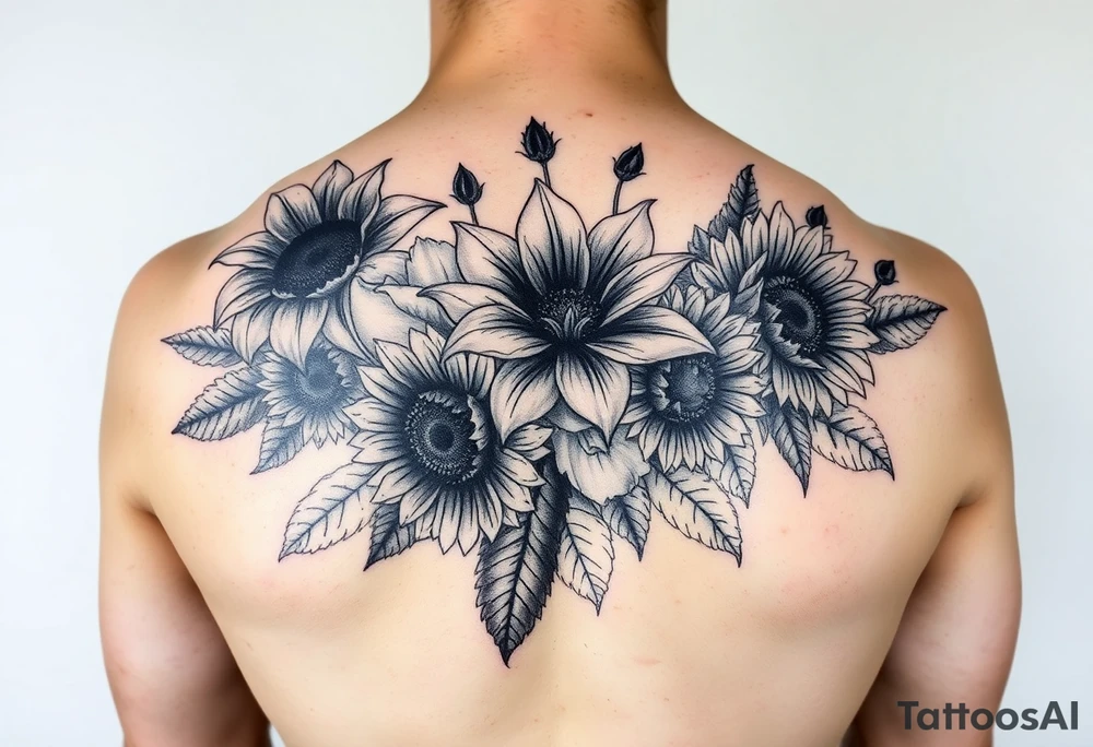 Vintage star gazer lillies wild roses and sunflowers tattoo idea