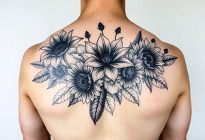 Vintage star gazer lillies wild roses and sunflowers tattoo idea