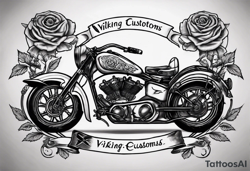 I want a tattoo of an old classic motorcycle  and a skeleton with roses in the back with the name “Viking Customs” incorporated in the design tattoo idea