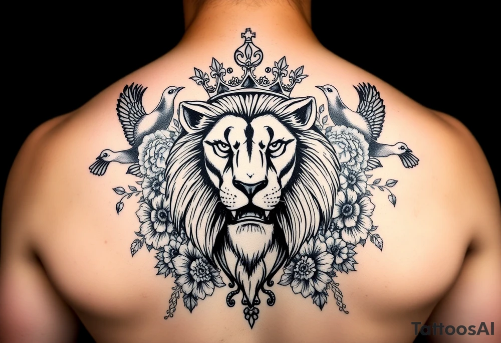 powerful majestic lion with a crown, surrounded by floral ornaments and birds tattoo idea
