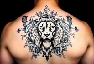 powerful majestic lion with a crown, surrounded by floral ornaments and birds tattoo idea