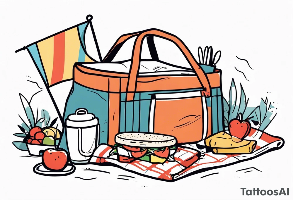 minimalstic picnic scene with a blanket on the ground with one picnic-basket, one backpack, pillows and party pennants. Thin lines. tattoo idea