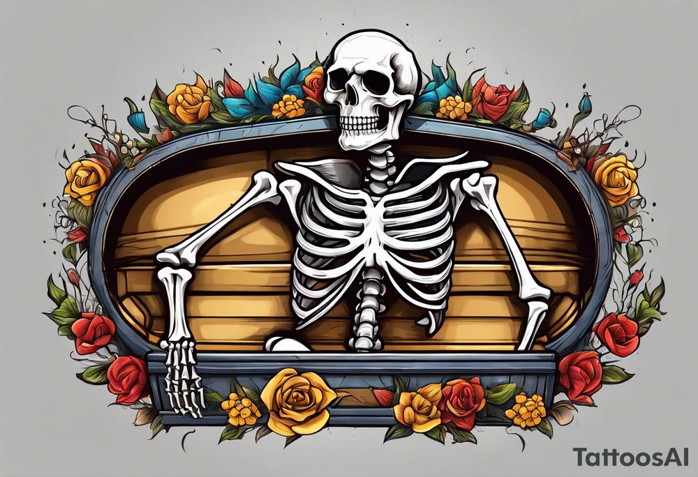 skeleton getting out of coffin tattoo idea