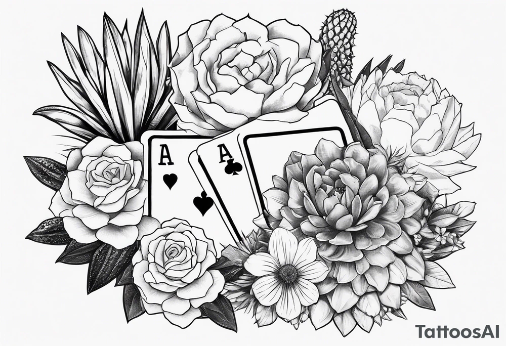 womens western sticker tattoo arm sleeve with playing cards, snakes, and cactuses with flowers in the background tattoo idea