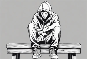 a guy in a hoodie sitting on a wooden box, looking down. Make it feel contemplative, as if you're viewing it from 10 meters away. tattoo idea