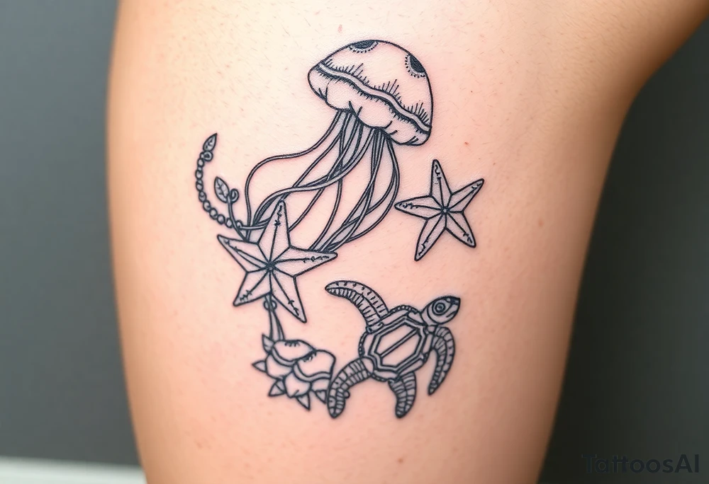 Ocean themed including jellyfish, mermaid, starfish, sea turtle, shells tattoo idea