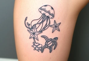 Ocean themed including jellyfish, mermaid, starfish, sea turtle, shells tattoo idea