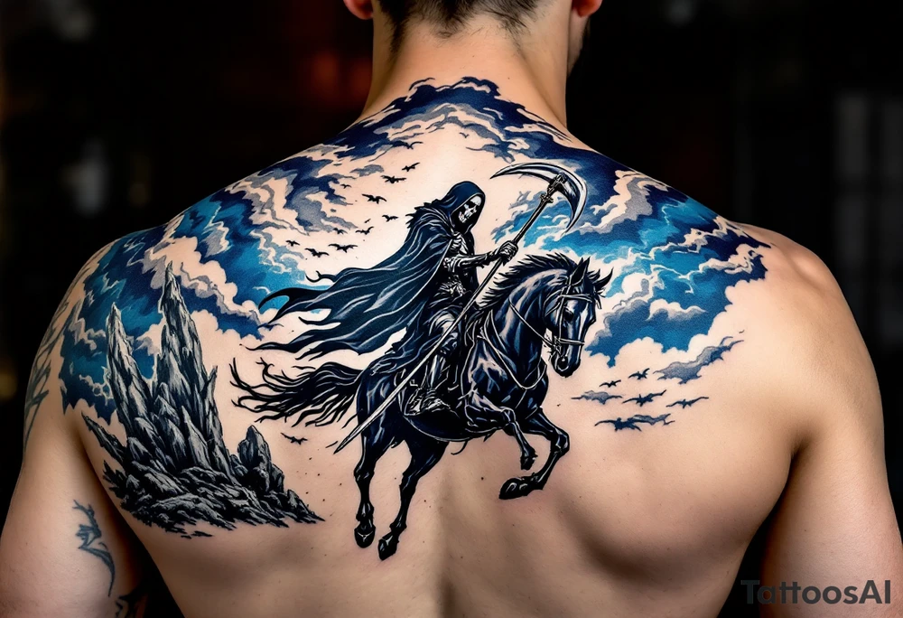 A full-back piece of a Grim Reaper riding a black horse under a stormy indigo sky. tattoo idea