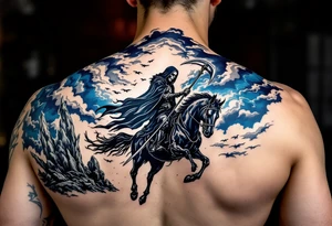 A full-back piece of a Grim Reaper riding a black horse under a stormy indigo sky. tattoo idea