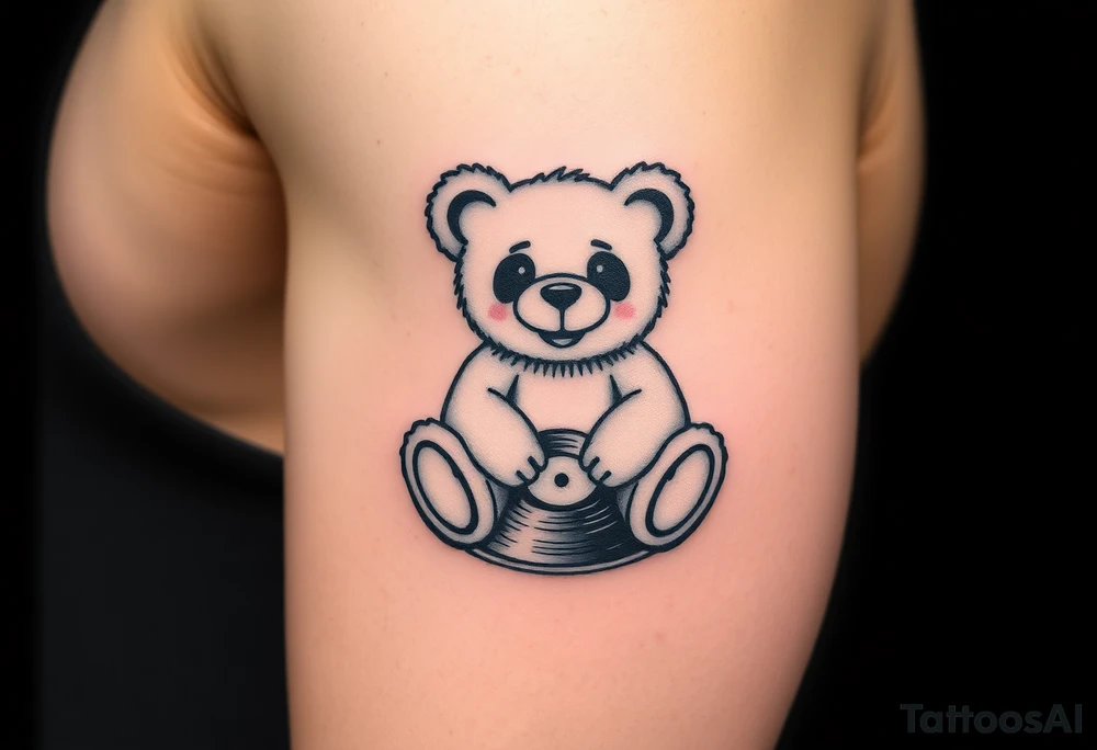 minimalist teddy bear with vinyl records as eyes smiling and sitting on a record tattoo idea
