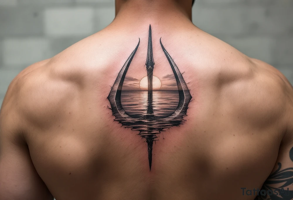 trident half way under calm water at sunset tattoo idea