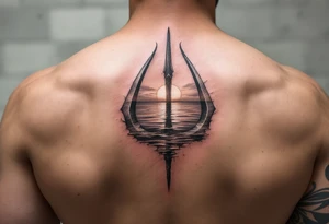 trident half way under calm water at sunset tattoo idea