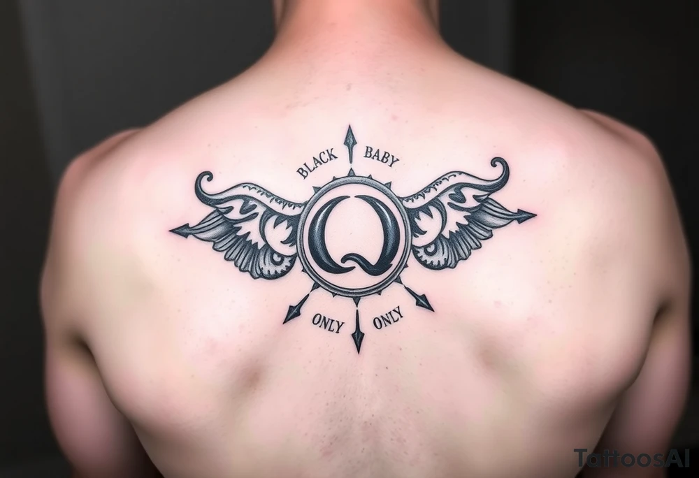 A womb tattoo with a Q in the center, with three points around the outside. The first reading, "BLACK". The second reading, "BABY". The third reading, "ONLY". tattoo idea