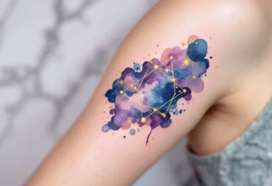 A celestial-themed tattoo combines the Libra star constellation in gold with a cosmic sky in navy and purple hues. tattoo idea