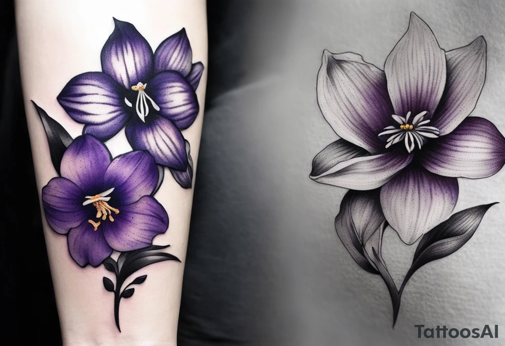 generate tattoo ideas for my forearm with the following flowers: Violet and iris, Daffodil and jonquil, Lily and hawthorn, Holly and narcissus tattoo idea