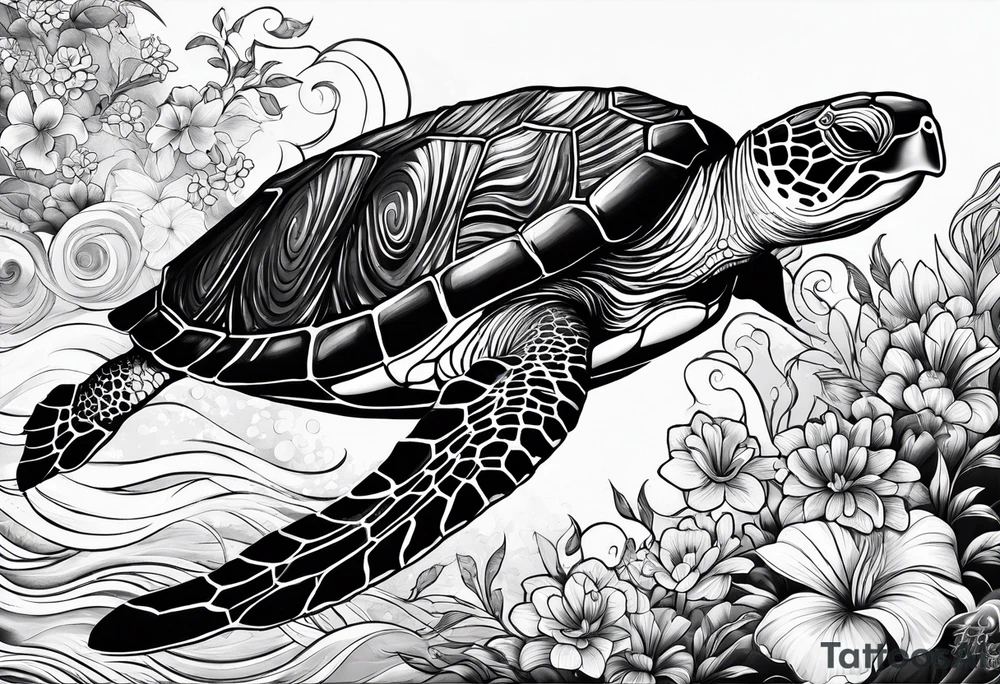 wave, turtle, flower, palm tattoo idea