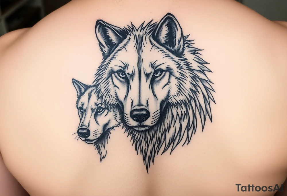 A solitary yet sublime and noble wolf and its progeny. the face tattoo idea