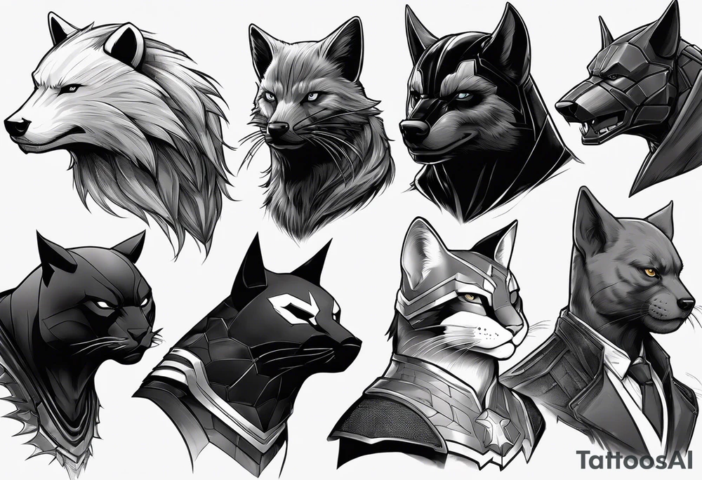 I want to change Avengers characters with animals. Hulk will be Badger, Thor will be Alpha Grey Wolf, Captain America will be Bull, Iron Man will be Canary, Black Widow will be Axolotl, Hawk Eye will be Sudan Plated Lizard and Nick Fury will be Cat. tattoo idea
