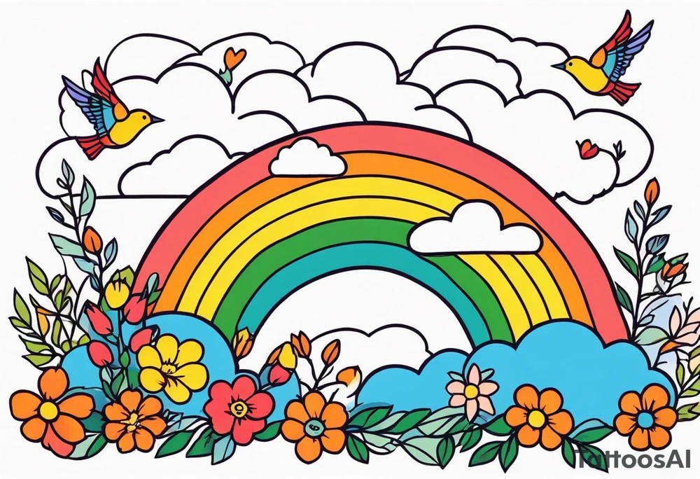 rainbow in clouds
with birds and vintage flowers
old school vintage simple traditional design 



bold color simple tattoo idea