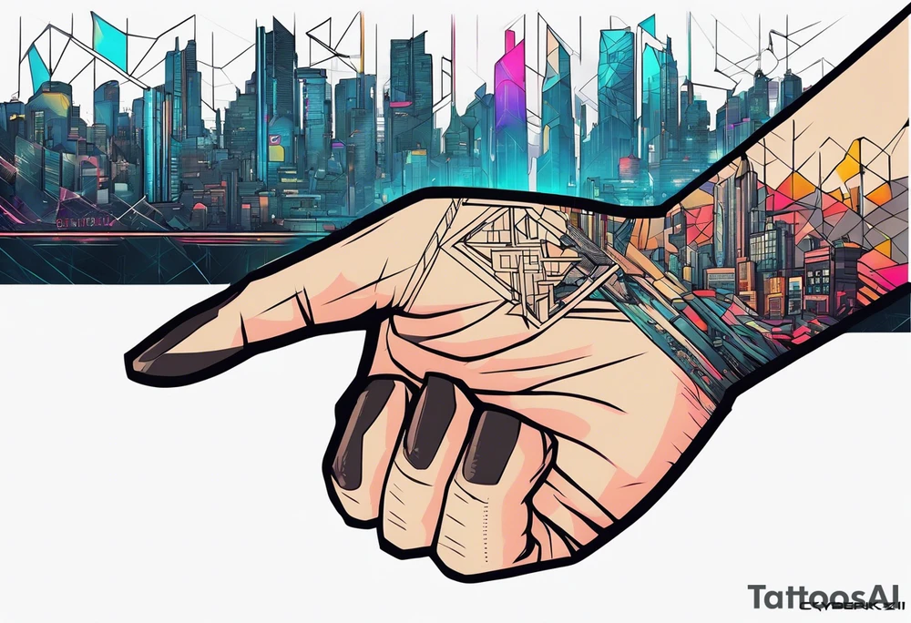cyberpunk 2077, hand tattoo, geometric, subtle, men, city skyline tattoo idea