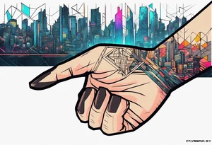 cyberpunk 2077, hand tattoo, geometric, subtle, men, city skyline tattoo idea