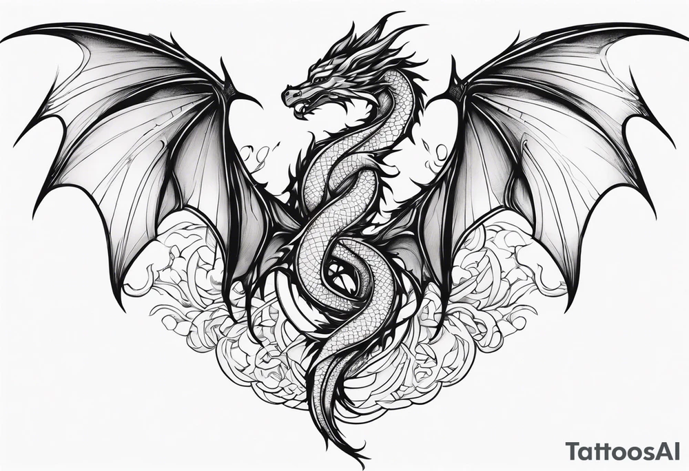 Mother dragon wings spread with 3 baby dragons tattoo idea
